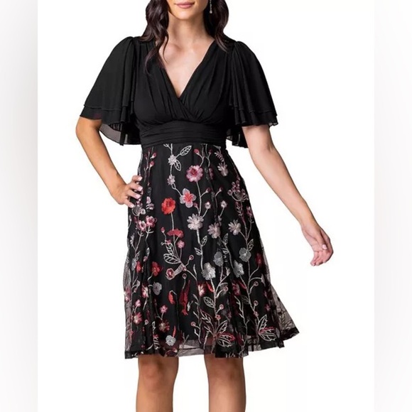 Lillian Embroidered Mesh Midi Cocktail Dress Elegant Black Floral Dress size 4X - Picture 1 of 10